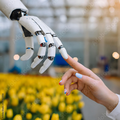 Person Touching Robot Hand in Yellow Flower Field. Generative AI