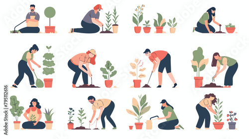 People gardening in spring. Men and women planting 