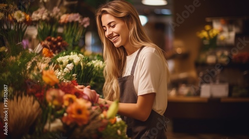 Beautiful young woman buying fresh flowers in the floristry section.