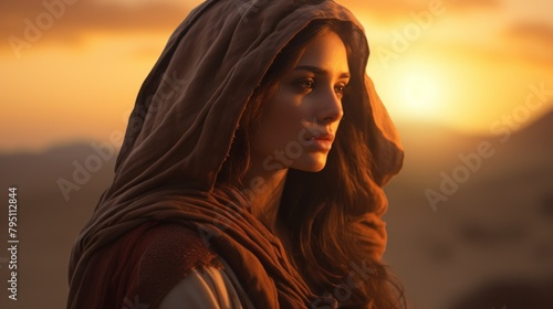 A young beautiful Bedouin woman witnessing the sunset in a desert oasis.
