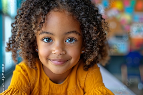 A young child with curly hair dressed in bright yellow is focused on something out of the frame, exuding innocence and curiosity © Larisa AI