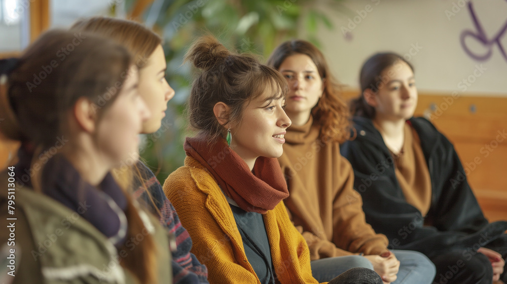 Group of students attending a workshop on academic stress management and self-care techniques. Knowledge, study, friendship, respect for each other, education Group of students attending a workshop on academic stress management and self-care techniques. Knowledge, study, friendship, respect for each other, education