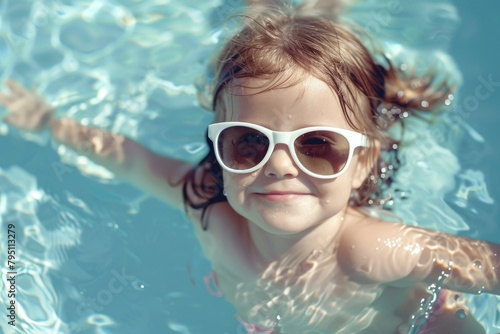 Summer Child. Smiling Little Girl in Sunglasses Enjoying Pool Fun on Sunny Blue Day © AIGen