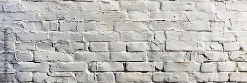 Painted Brick Wall. White Textured Panoramic Background of an Old Whitewashed Stone Wall