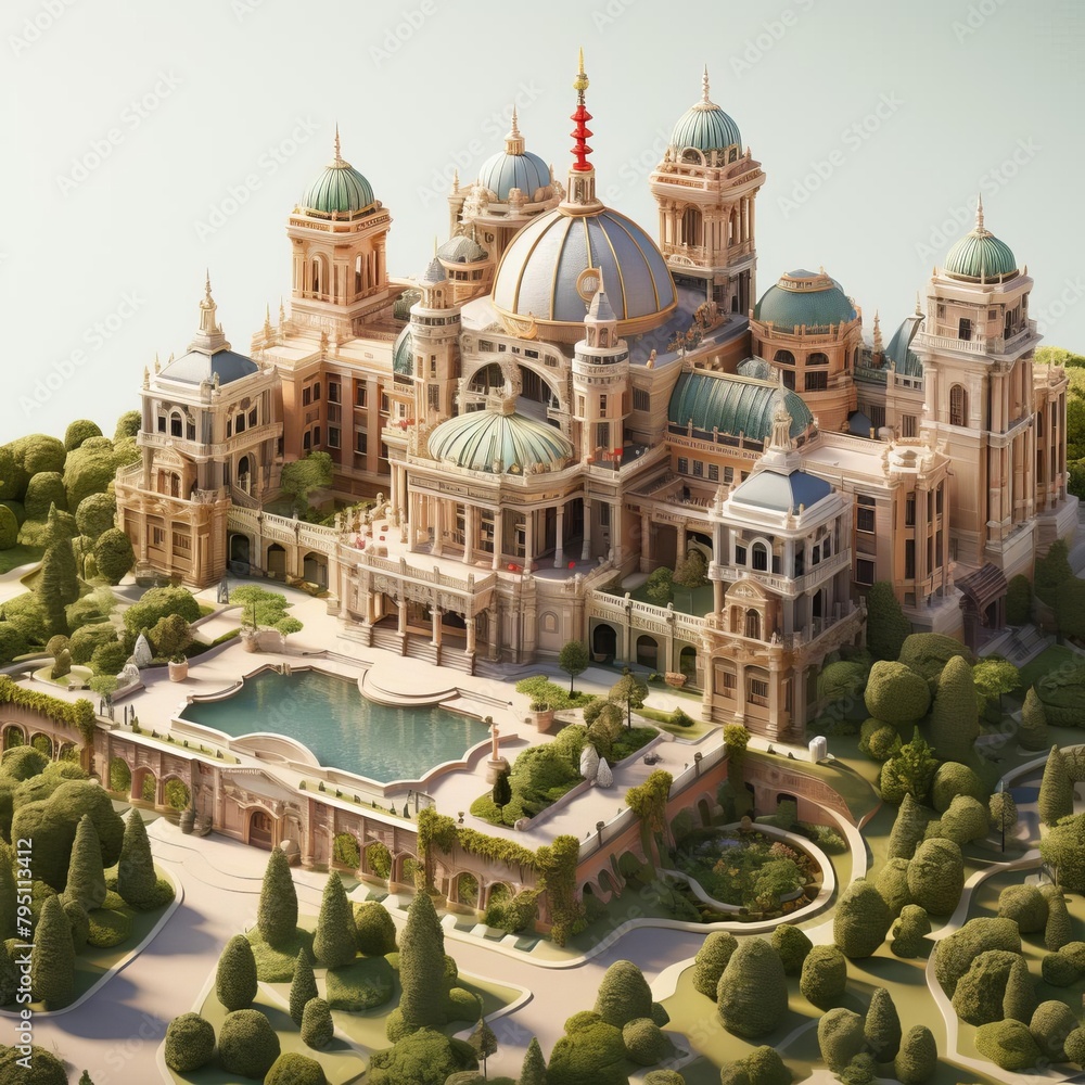 A beautiful palace with a large dome and many towers, surrounded by trees and gardens.