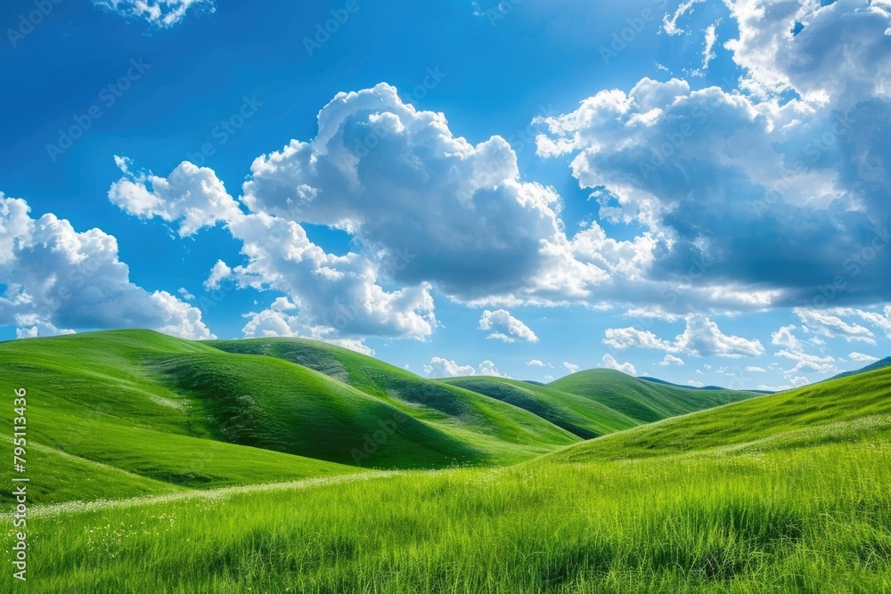 Beautiful Hills. Idyllic Spring Landscape with Green Grassy Hills under Blue Sky