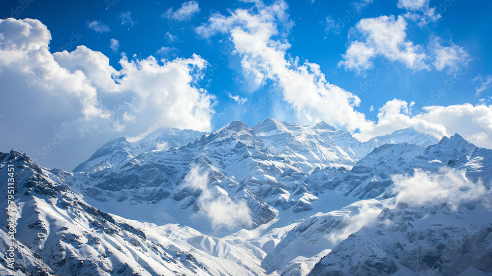 Snow-covered mountain peaks and sky with white clouds.