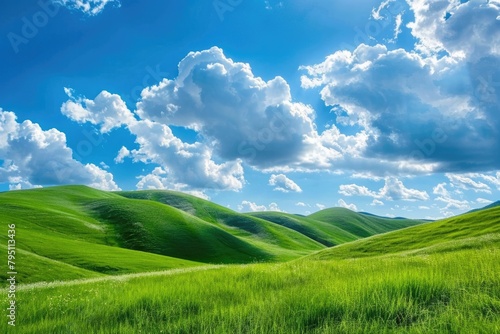 Beautiful Hills. Idyllic Spring Landscape with Green Grassy Hills under Blue Sky
