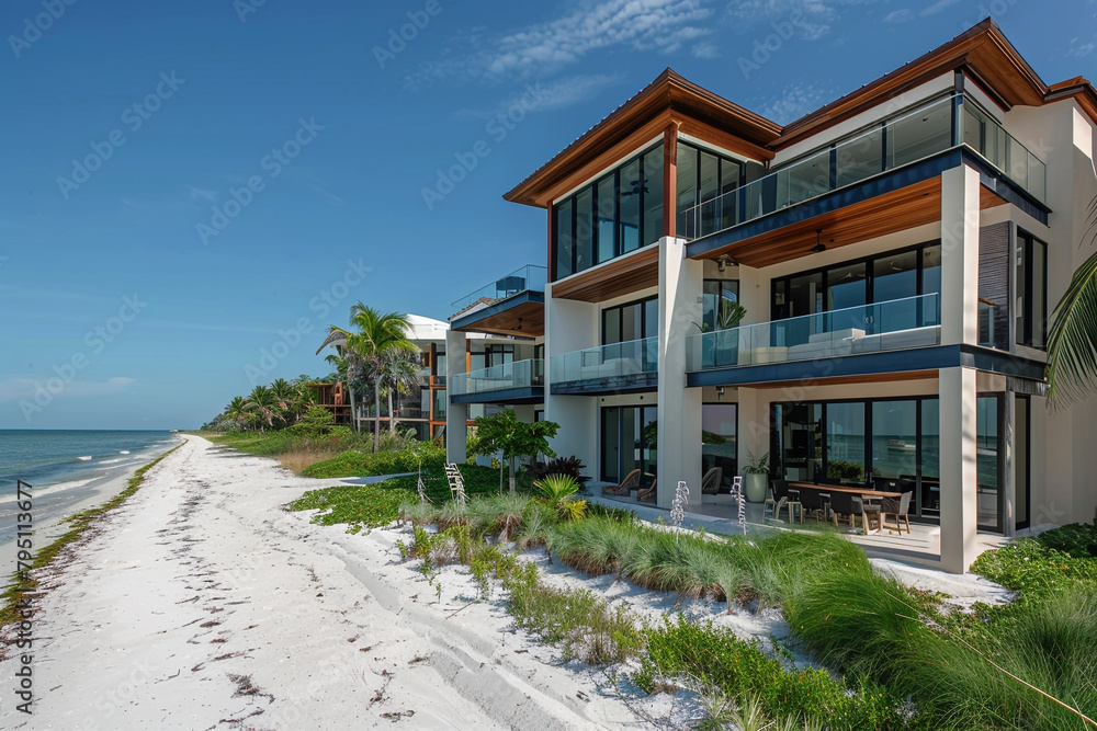 A beachfront property with expansive windows and balconies, offering a seamless connection to the coastal surroundings.