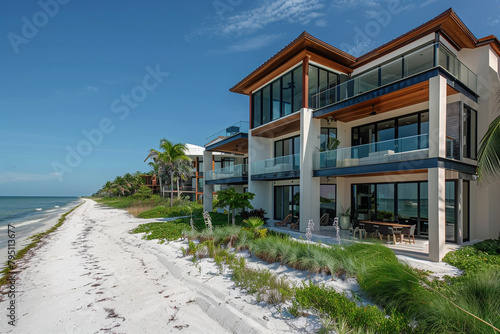 A beachfront property with expansive windows and balconies, offering a seamless connection to the coastal surroundings.