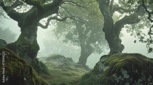 Ethereal misty forest with ancient trees and moss-covered rocks  perfect for grounding yoga practice