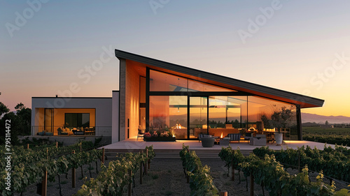 A contemporary home with a modular design and angular roofline, surrounded by acres of vineyards and bathed in the warm glow of the setting sun.