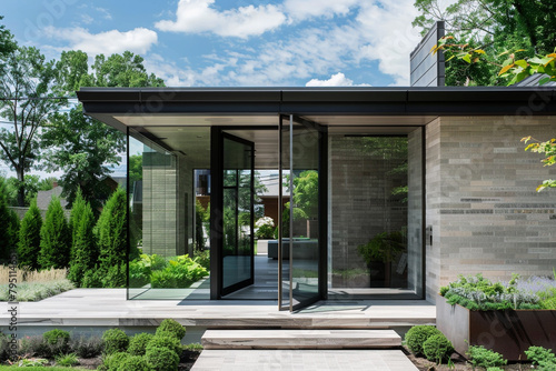 A contemporary home with a striking entrance featuring a glass pivot door and minimalist landscaping.