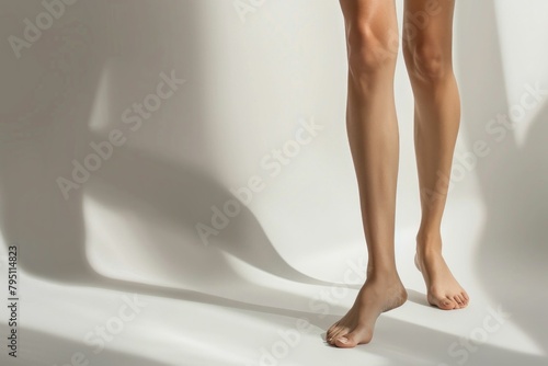 Woman's legs standing barefoot in front of white background, minimalist concept of beauty and elegance
