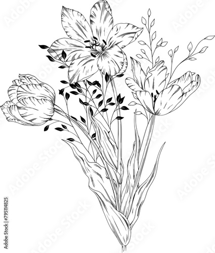 Hand drawn tulips with leaves and grasses. #795114825
