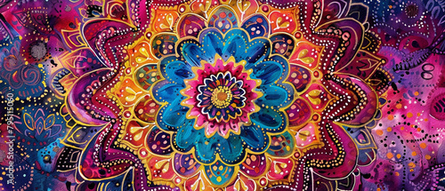Intricate bohemian mandala design with vibrant jewel tones of red, blue, green, and gold.