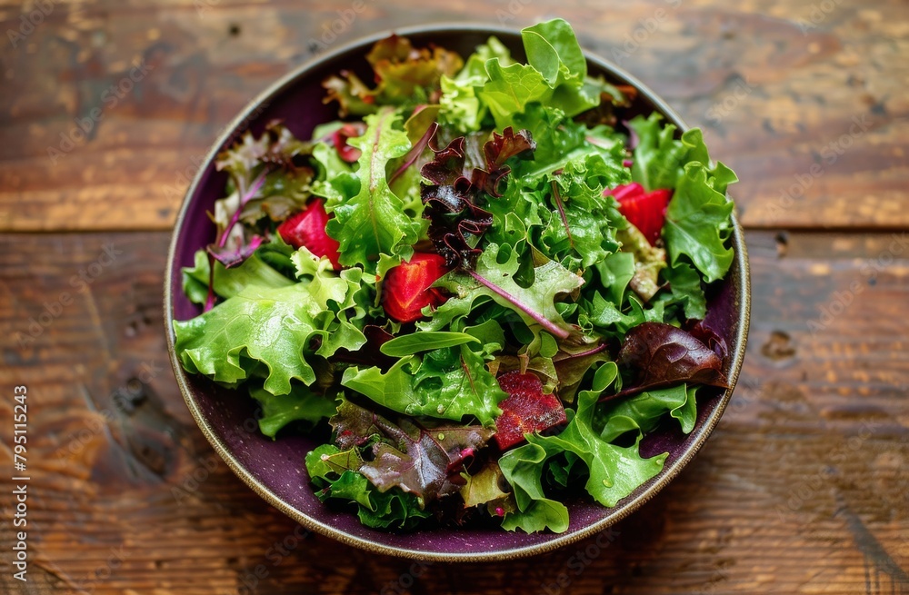 Purple Bowl With Salad on Wooden Table Purple Bowl With Salad on Wooden Table