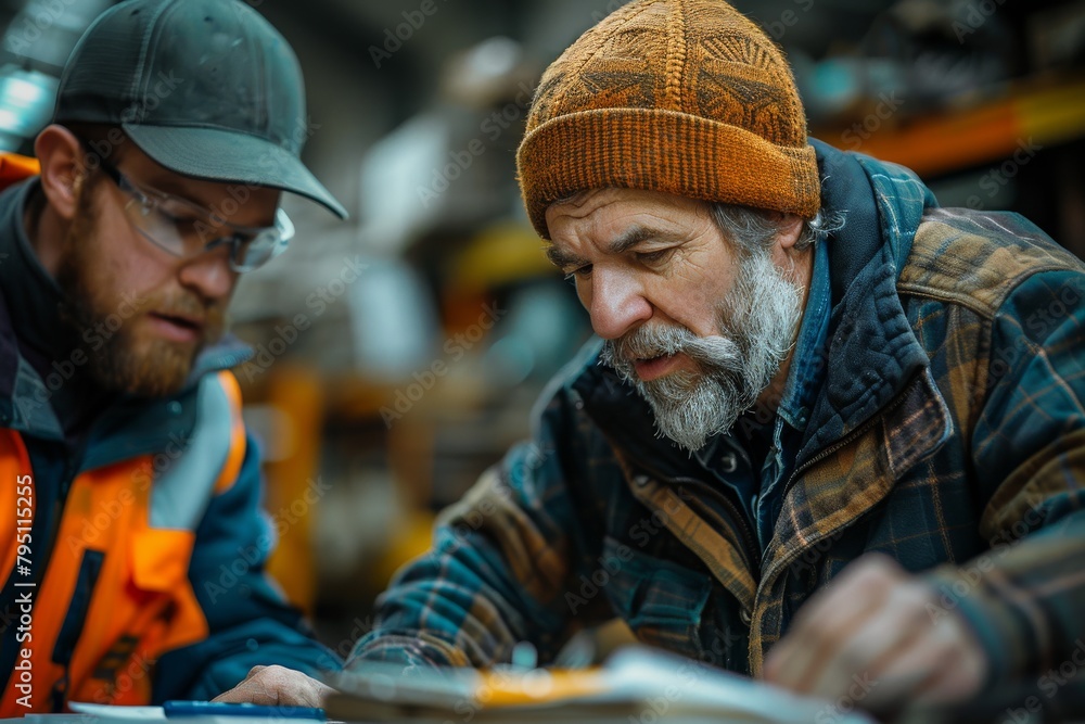 Two craftsmen engaged in discussion, planning over a paper in an industrial workshop setting Two craftsmen engaged in discussion, planning over a paper in an industrial workshop setting