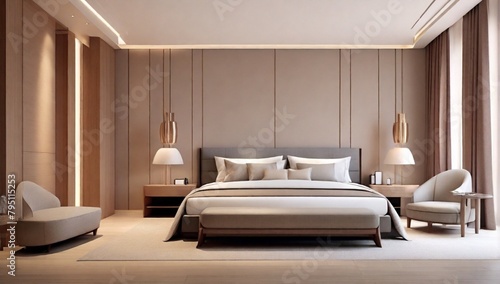 3d render. Modern hotel bedroom interior.

