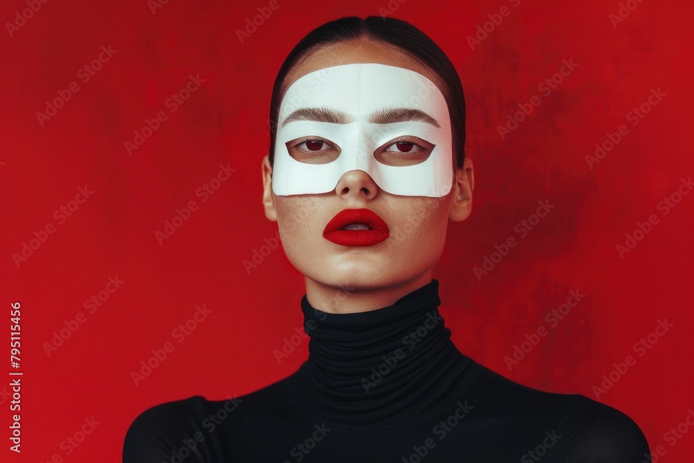 Mysterious woman wearing white mask with red background portraying elegance and secrecy Mysterious woman wearing white mask with red background portraying elegance and secrecy
