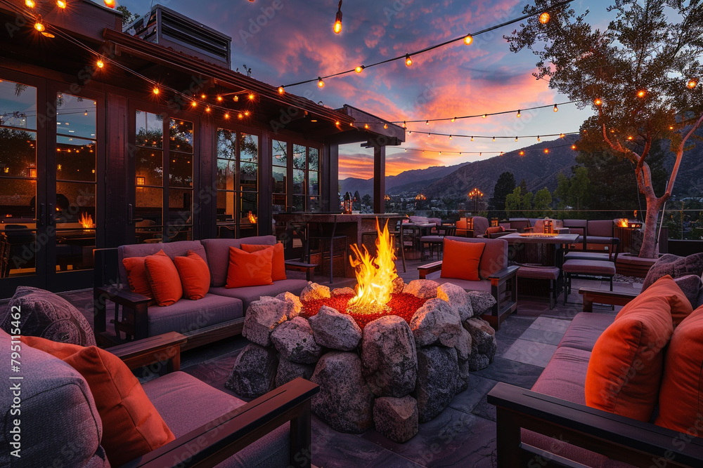 A relaxing outdoor patio with comfortable seating, string lights, and a fire pit area,