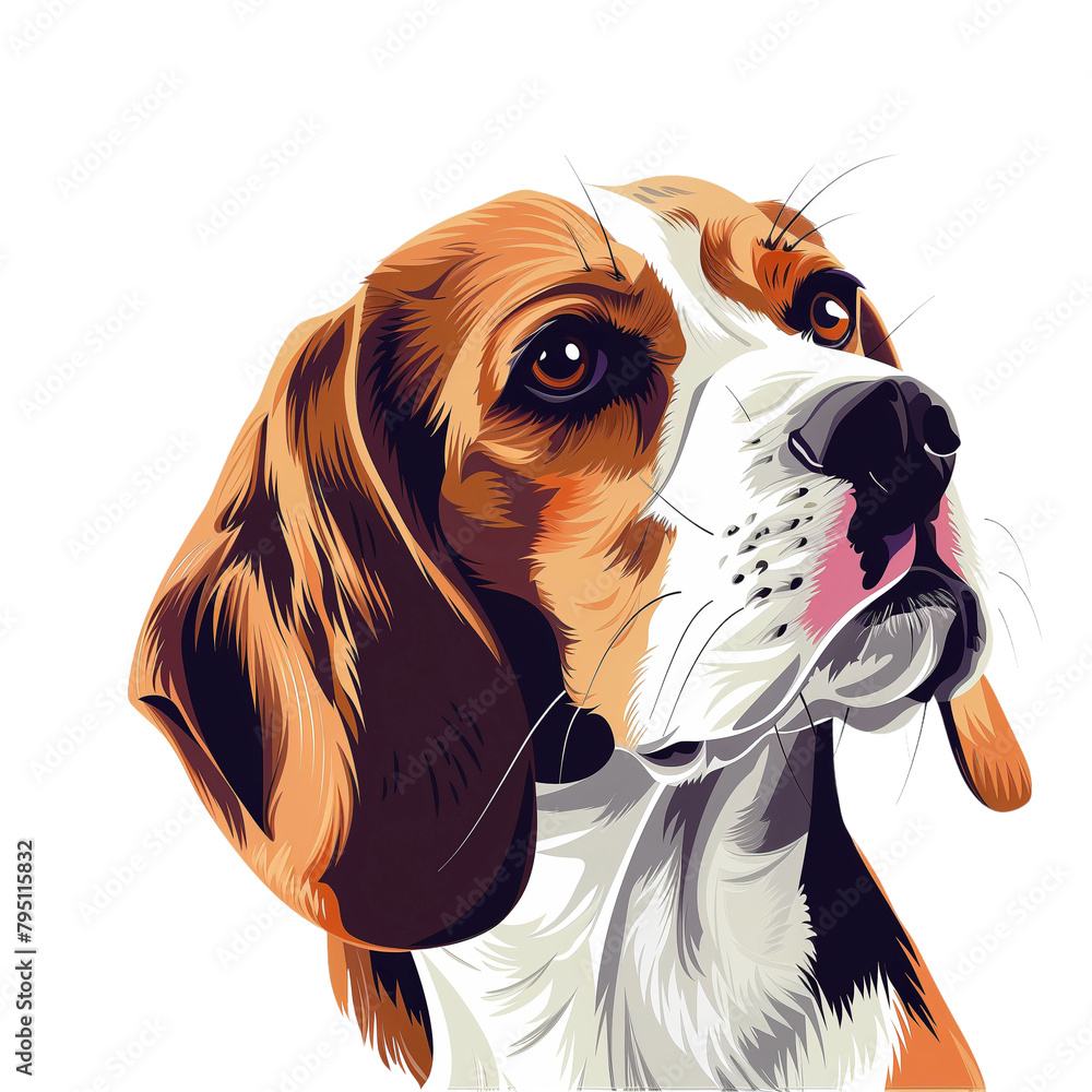 beautiful portrait of a Beagle, isolated on a transparant background, simple line drawing with colors. Beautiful portrait of an adult beagle. Hand drawing of a dog.	