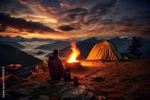 Camper in the mountains bonfire human tent.