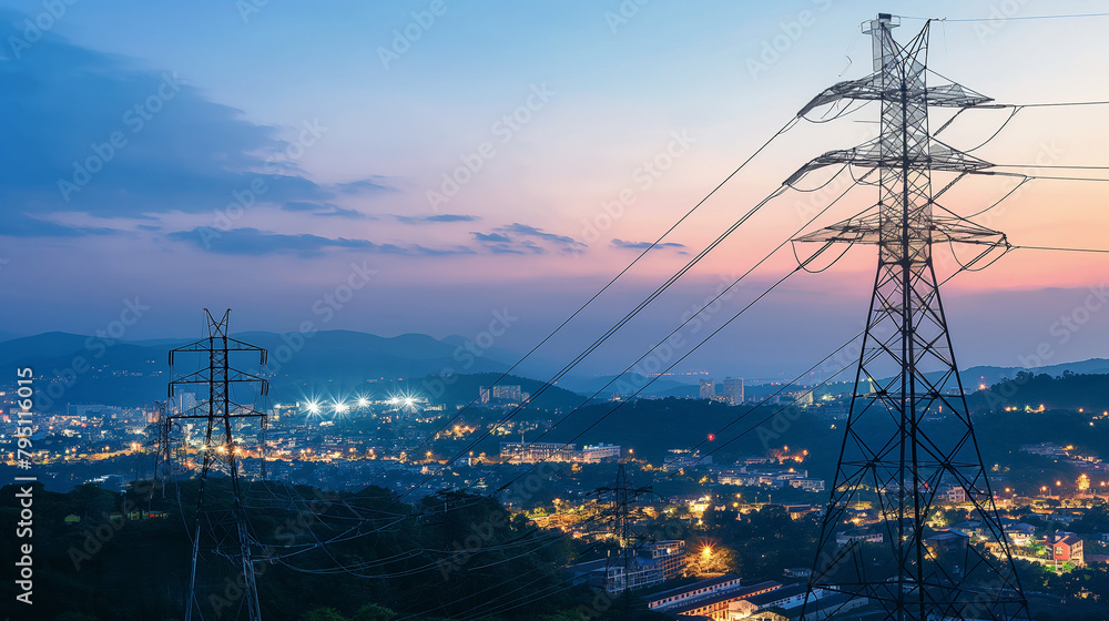 Transmission of electricity in the evening landscape.