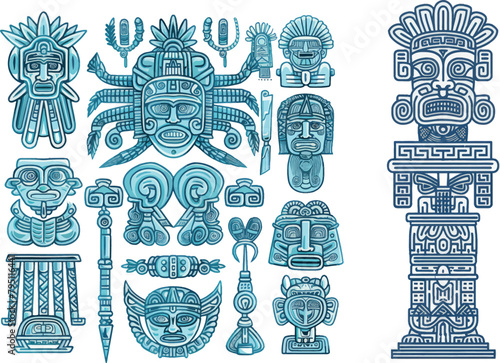 Maya or inca style blue linear totem icons