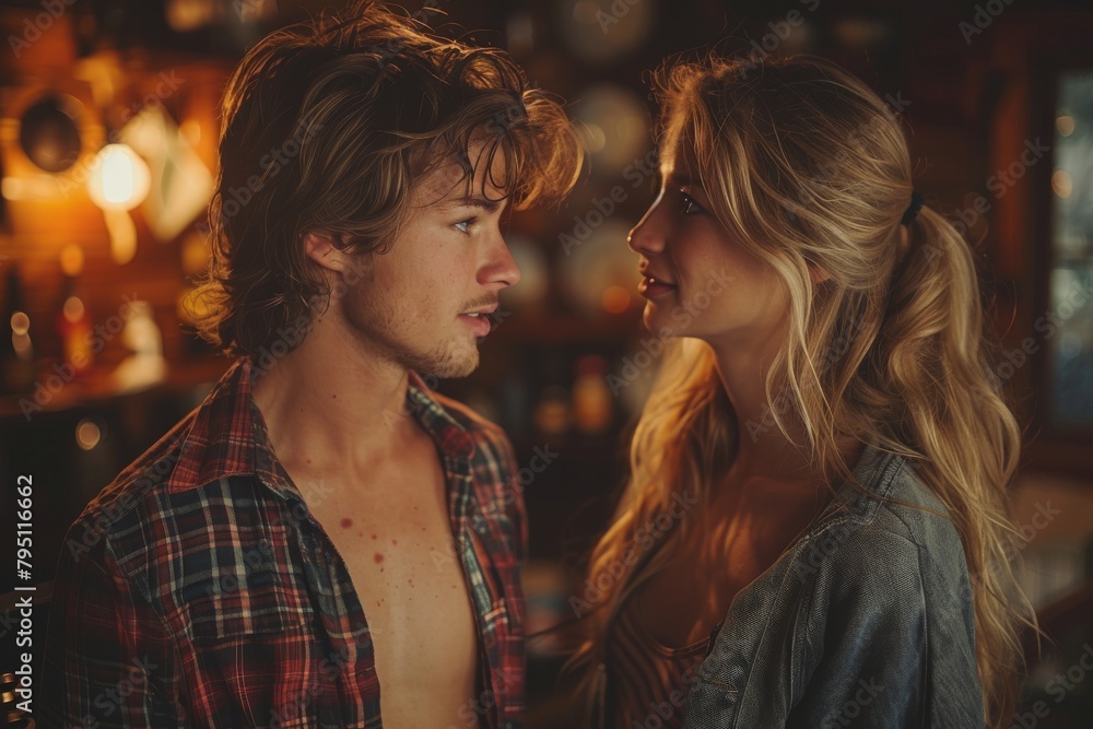 An intimate shot of a couple engaged in a casual conversation in the warm ambiance of a bar An intimate shot of a couple engaged in a casual conversation in the warm ambiance of a bar