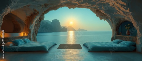 beautiful cave hotel room with sea view, luxurious travel concept, Generative Ai photo