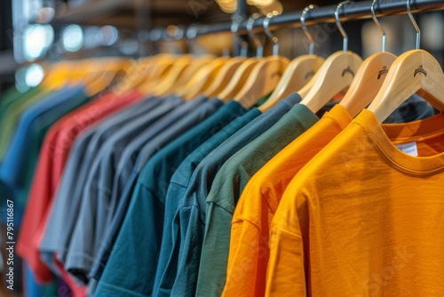 Vibrant Display of Gradient Colored Shirts in a Retail Store.