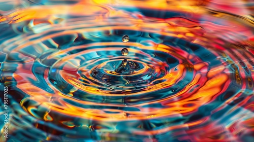 Hypnotic pattern formed by a series of colorful water drops in motion