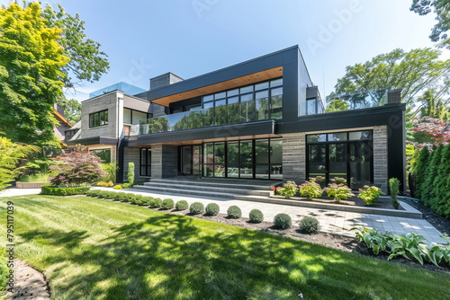 A contemporary home with clean lines, large glass panels, and a beautifully landscaped garden. © Ateeq
