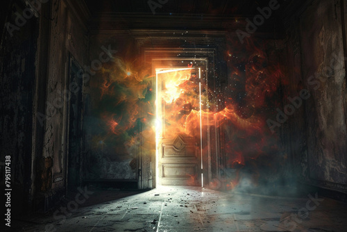 Igniting curiosity a mysterious doorway at the center of a dark room leads to an astral realm unseen by human eyes photo
