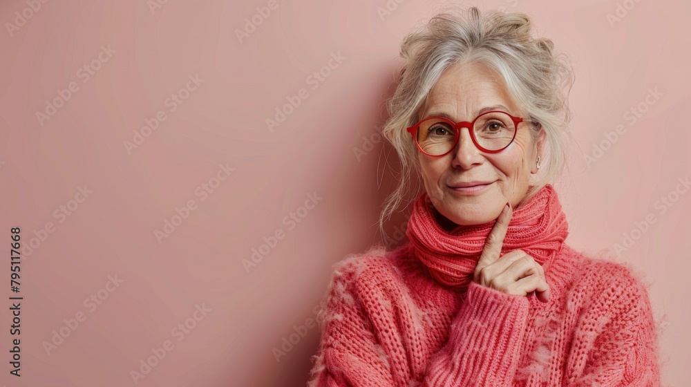 Older Woman in Pink Sweater Wearing Glasses Older Woman in Pink Sweater Wearing Glasses