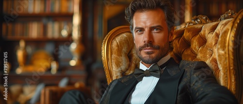 man wearing tuxedo sitting in luxury room, elegance handsome look, Generative Ai