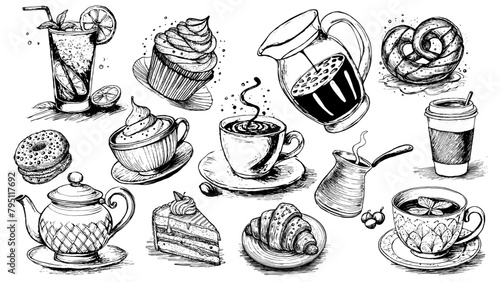 Set of beautiful black and white doodle sketch food and beverages vector illustrations. Great for menu, bar, coffee shop, bakery, restaurant. Coffee, cakes, cocktails, tea, cookies and more.