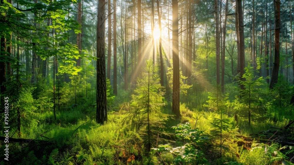 Fototapeta premium Lush green forest with sunlight filtering through the tree