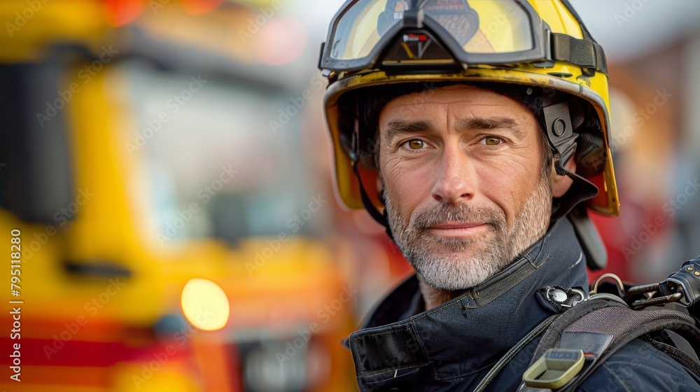 Fireman Wearing Helmet Standing in Front of Fire Truck Fireman Wearing Helmet Standing in Front of Fire Truck