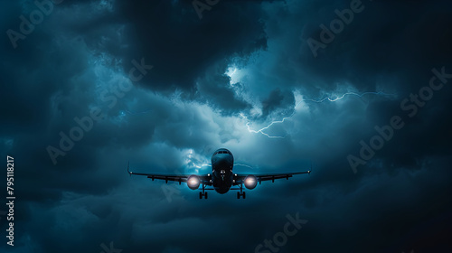 A passenger plane flying through a stormy night sky illuminated by lightning flashes