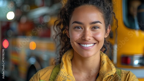 Smiling Woman in Front of Fire Truck
