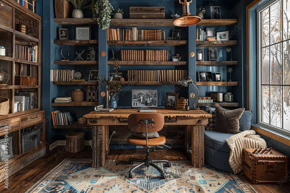 A rustic home office with a reclaimed wood desk, industrial shelving, and a cozy reading nook,