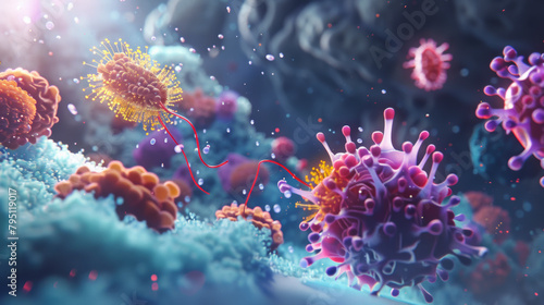 Vibrant 3D Scene Depicting Virus Assault on Bacterial Community. Microcosmic Battle © AndyPhoton
