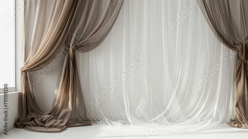 Opulent white and brown tulle adorning a window within a splendidly lit room