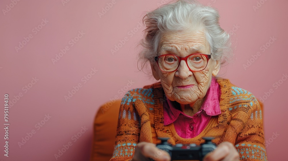 Elderly Woman in Pink Sweater Holding Cup Elderly Woman in Pink Sweater Holding Cup