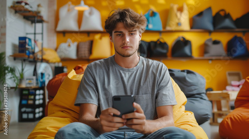 Man Sitting on Bean Bag Chair Using Cell Phone