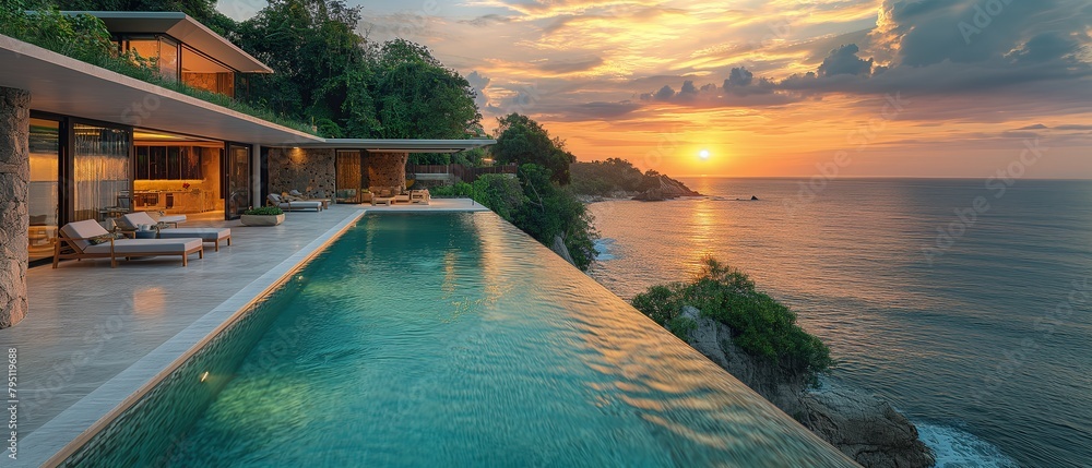 luxury seaside resort pool villar with infinity pool, Generative Ai	
