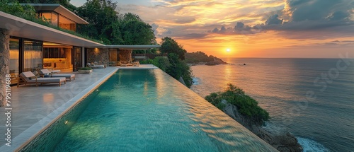 luxury seaside resort pool villar with infinity pool, Generative Ai 
