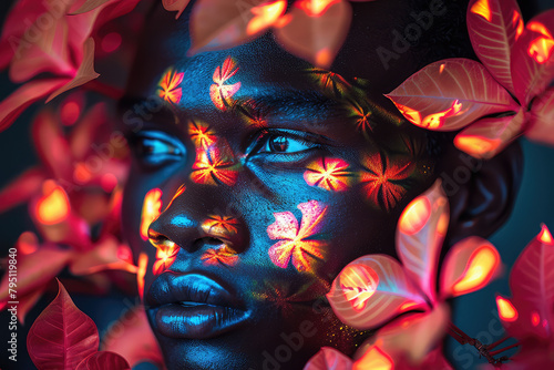 Close-up portrait of an African man with face painted in floral patterns. Created with Ai